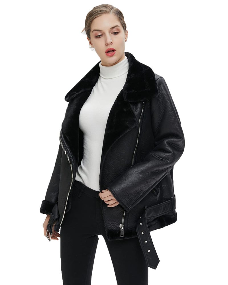 LY VAREY LIN Women's Faux Shearing Moto Jacket Thick Lined Parka Winter Shearling Coat Leather Jacket (S, Black) - Image 4